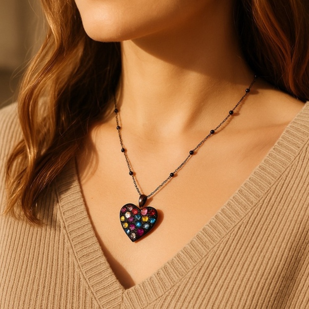 ❤️ Multicolor Crystal Heart Necklace Vintage Rhinestone Statement Pendant